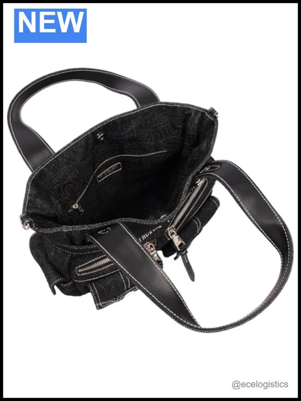 True Religion Multi Pocket Denim Cinch Tote - Cotton-Poly Structured Denim,